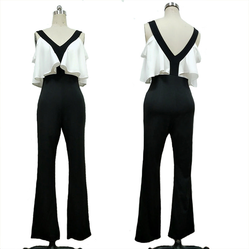 Dress Clothing Contrast Color Ruffle Sleeve Pants Jumpsuit