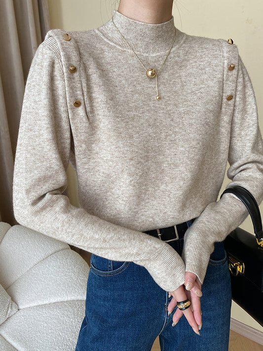 Grey High-neck Buttoned Decor Long Sleeve Knit Sweater An1050