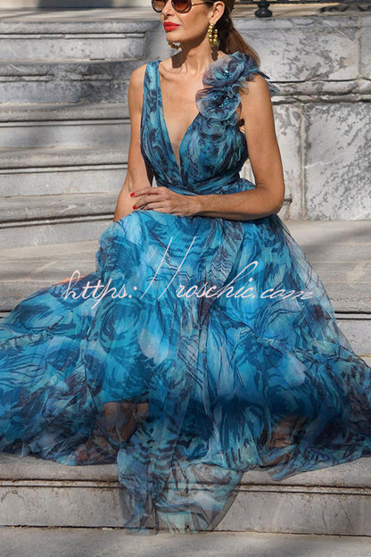 Romance Tulle Printed Pleated Flower Pendant Maxi Dress
