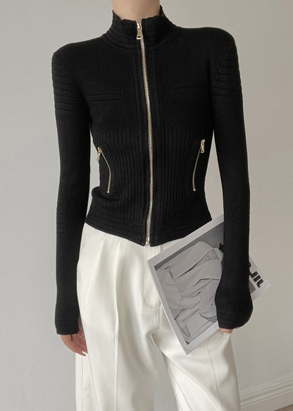 White Stand Collar Zip Up Patchwork Woolen Knit Cardigans Winter Rv036