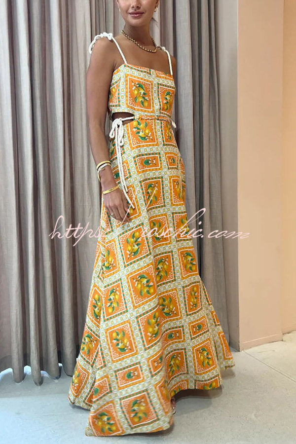 Orange Summer Printed Linen Blend Cutout Tie-up Design Maxi Dress