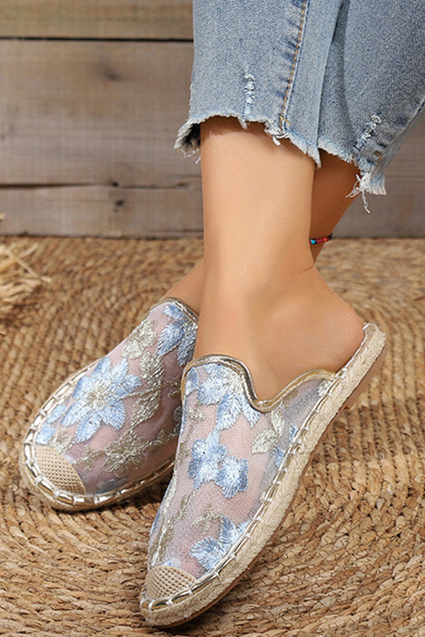 Linen Woven Flat Round Toe Half Slippers