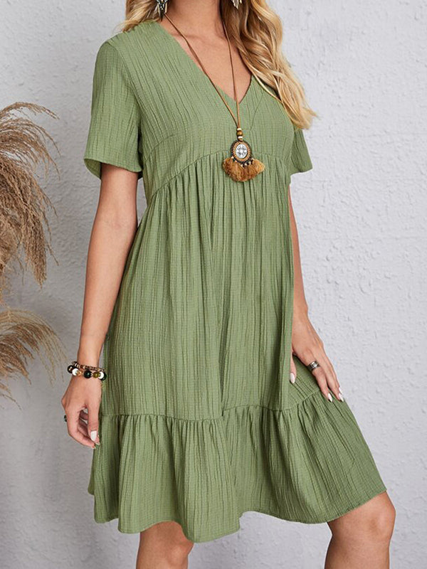 A-line Loose Pleated Color Split-joint V-neck Mini Dresses