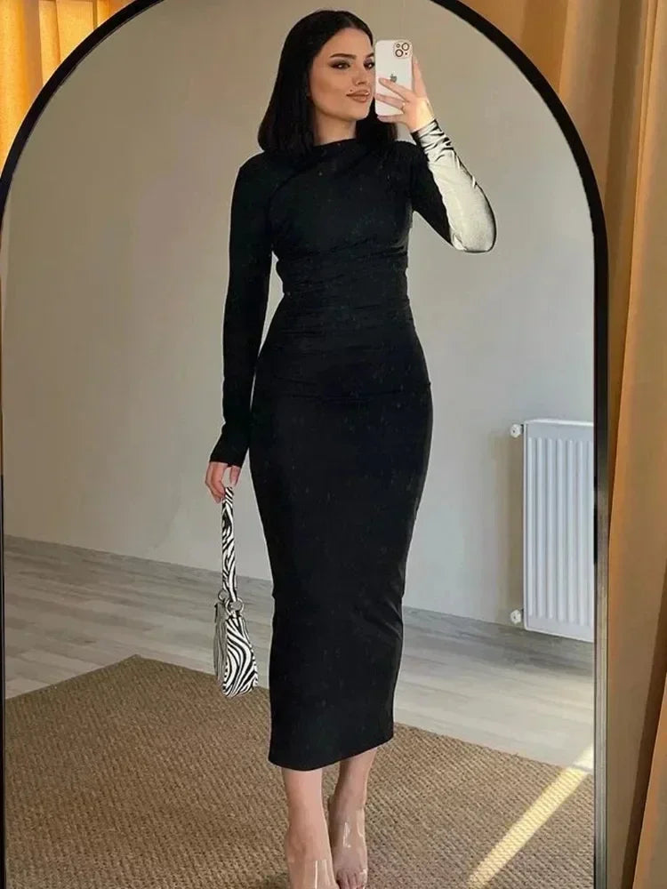 Pleated Long Sleeved Slim Maxi Dress – Off-shoulder Bodycon Gown