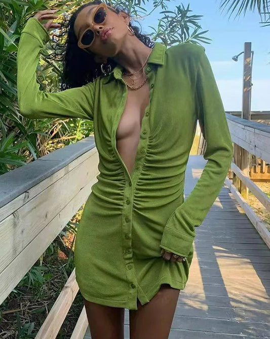 Turn-down Collar Button Mini Dress