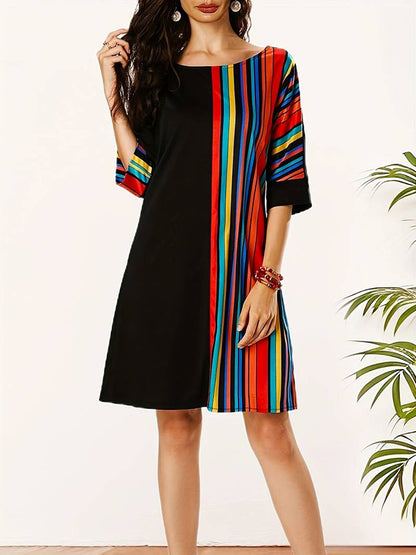 A-line Half Sleeves Asymmetric Contrast Color Striped Round-neck Mini Dresses