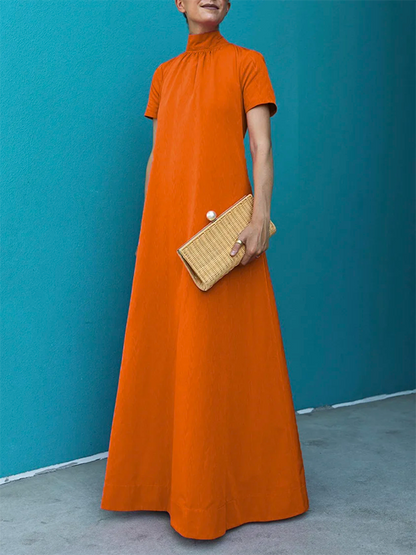 Loose Short Sleeves Color High-neck Maxi Dresses