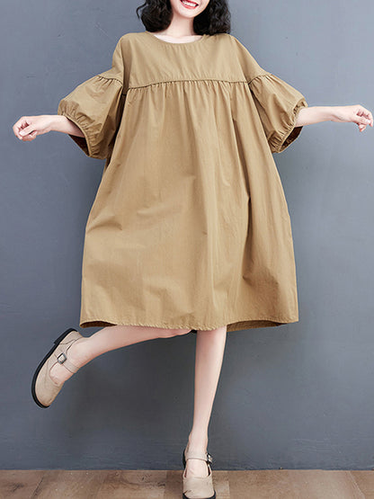 Loose Short Sleeves Color Round-neck Midi Dresses