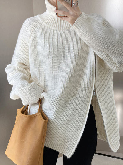 Urban Grey Halter-neck Split-side Zip-up Long Sleeve Sweater An1033