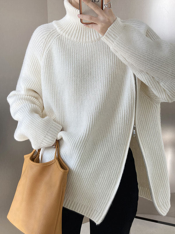 Urban Grey Halter-neck Split-side Zip-up Long Sleeve Sweater An1033
