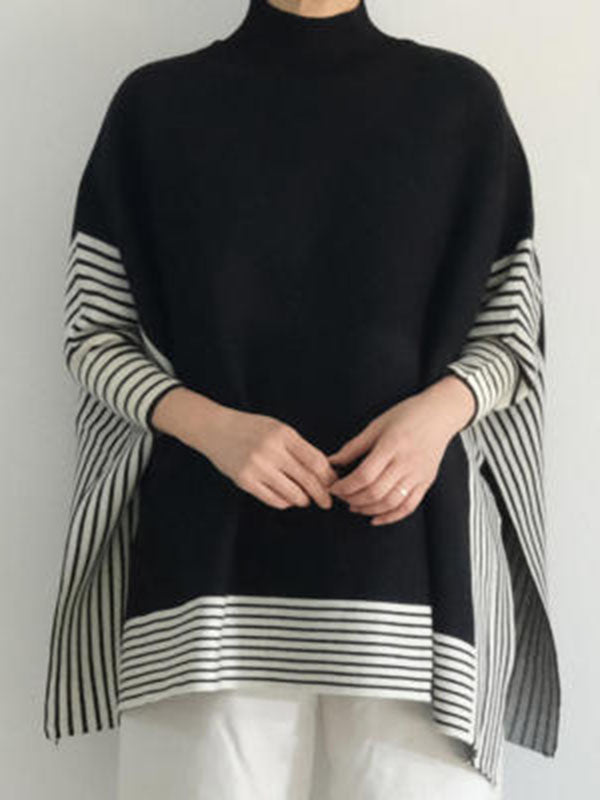 Design Loose High Neck Split-side Striped Batwing Sleeve Sweater Qx010