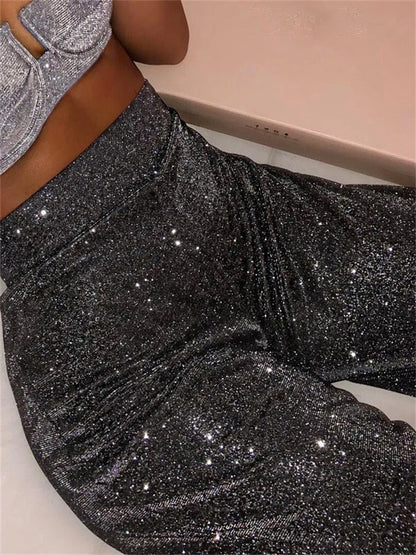 Sliver Glitter High Waist Pants Straight Leg Party Night Clubwear Trousers Sparkly Bottom