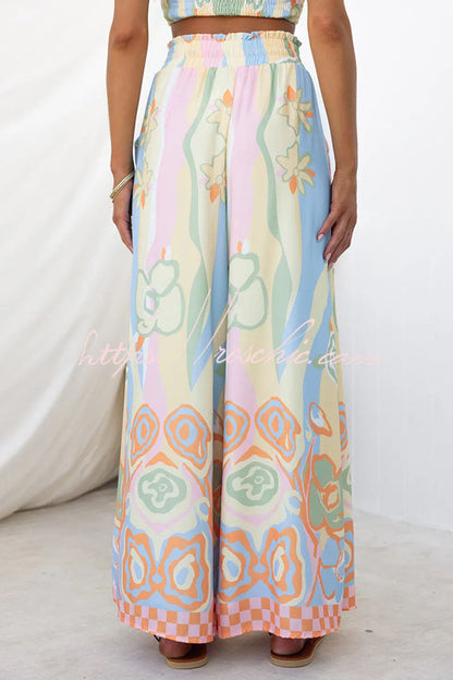 It's Your Vacation Print Elastic Drawstring Waist Pocket Wide Leg Pants