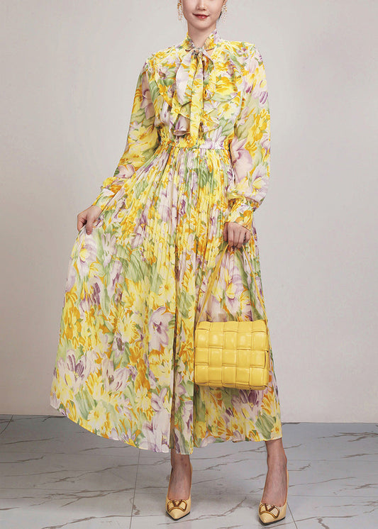 Yellow Print Lace Up Chiffon Long Dress Long Sleeve Ar1037