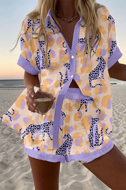 Snow Leopard Print Loose Button Elastic Waist Shorts Set