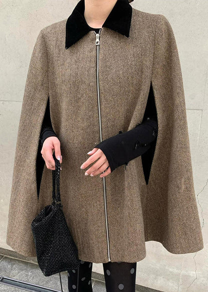 Brown Peter Pan Collar Zippered Woolen Coats Winter Wv009