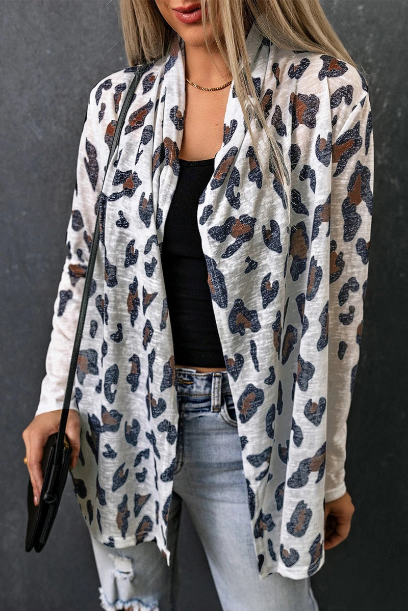 White Leopard Print Open Front Cardigan