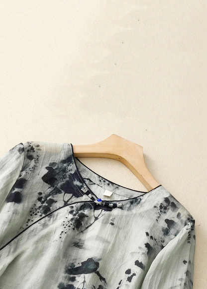 Grey Button Grace Cotton Blouses O Neck Bracelet Sleeve Qr026