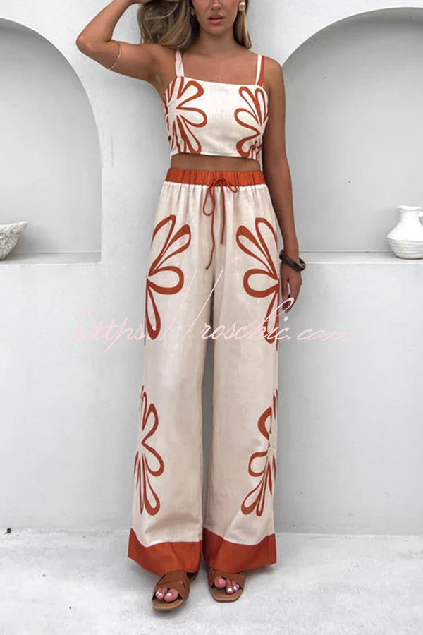 Print Suspender Back Pleated Top and Elastic Waist Drawstring Pants Set