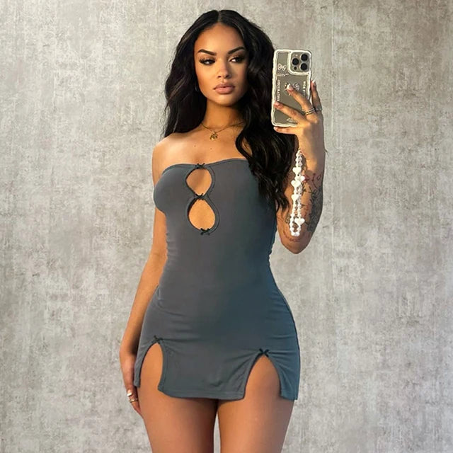Y2k Mini Dress Summer Hottie Hollow Out Strapless Color Pullover Dresses Clothing
