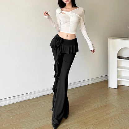 Flower Ribbons Straight Pants for Color High Strecth Folds Patchwork Female Summer Trousers