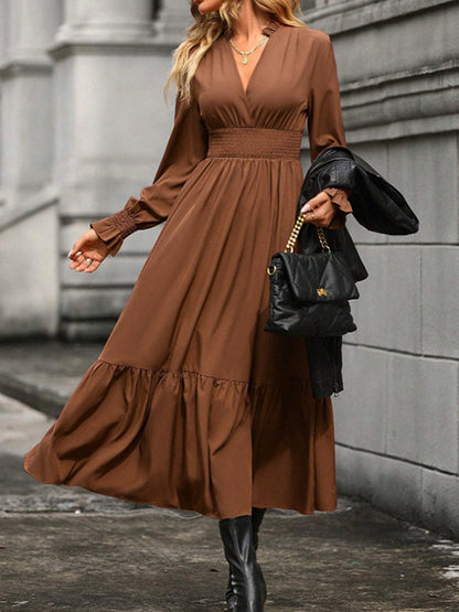 A-line Flared Sleeves Elasticity Pleated Color V-neck Midi Dresses