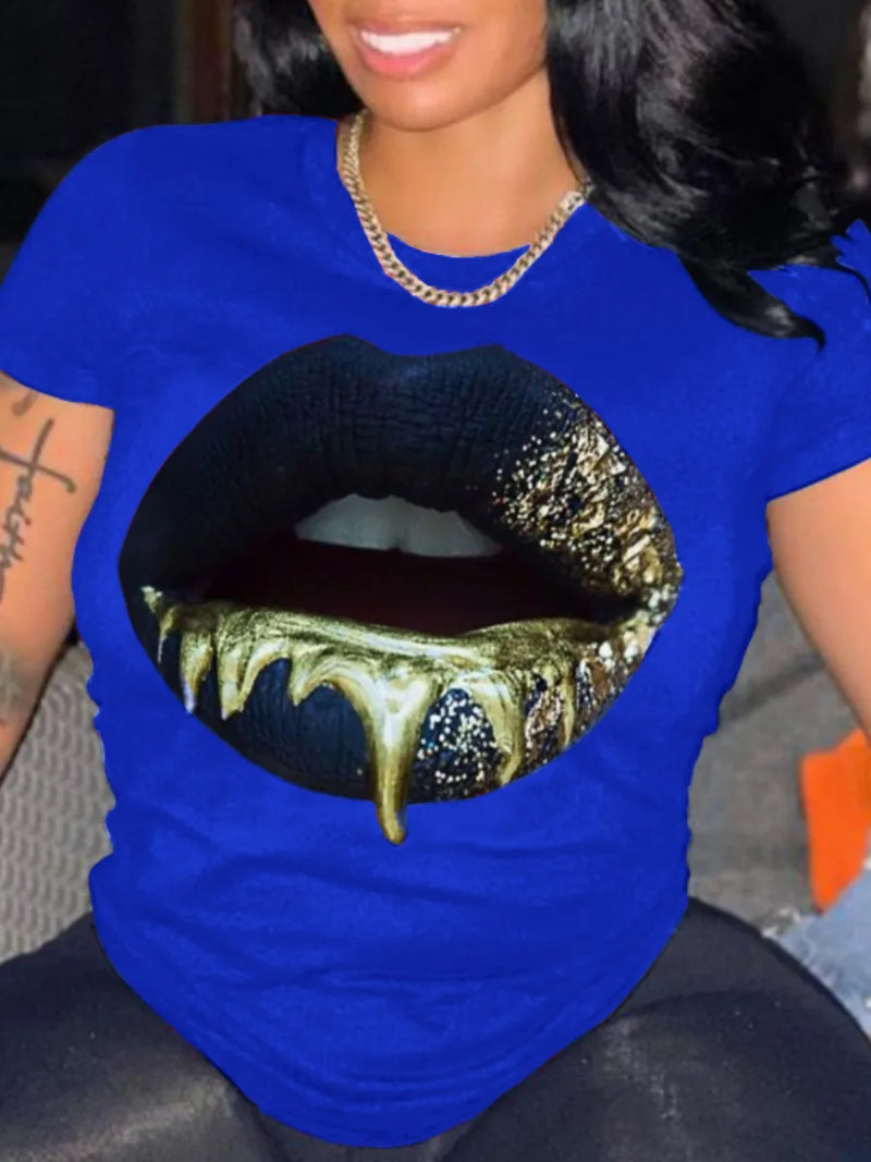 Round Neck Lip Print T-shirt ’s Short-sleeved Basic White T-shirt