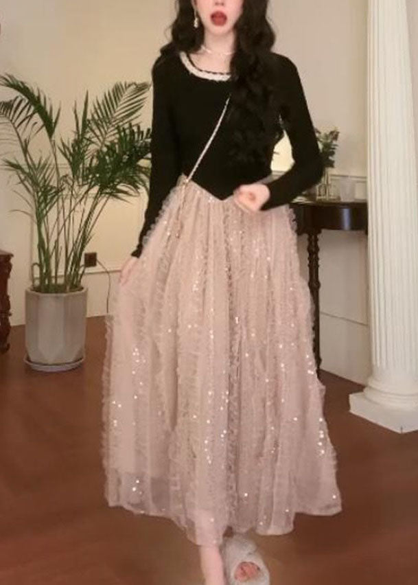 French Colorblock O Neck Patchwork Tulle Long Dress Fall Qx035