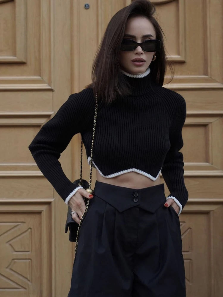 Cropped Turtleneck Sweaters for Knit Long Sleeve Slim Pullover New Patchwork Knitwear Crop Sweater Jumper