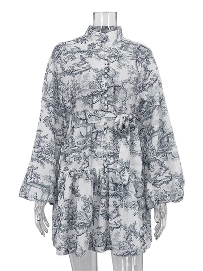 Printed Lace-up Mini Dress – Ruffled Pleated Bandage Dress