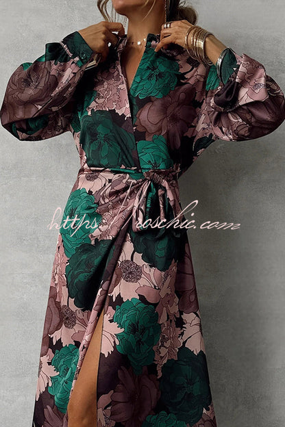 Print Lapel Waisted Lace-up Long-sleeve Maxi Dress