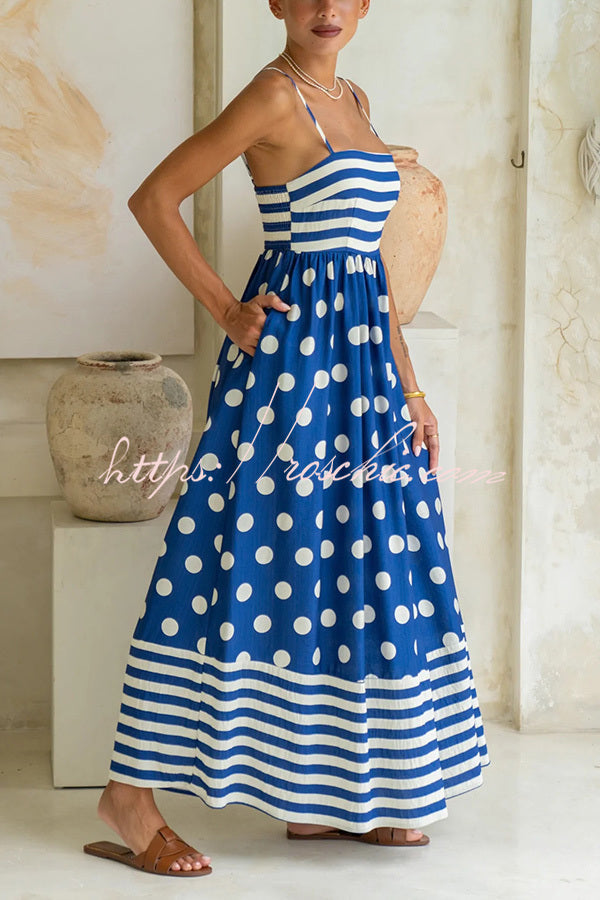 Striped Polka-dot Print Sling Pleated Open-back Maxi Dress