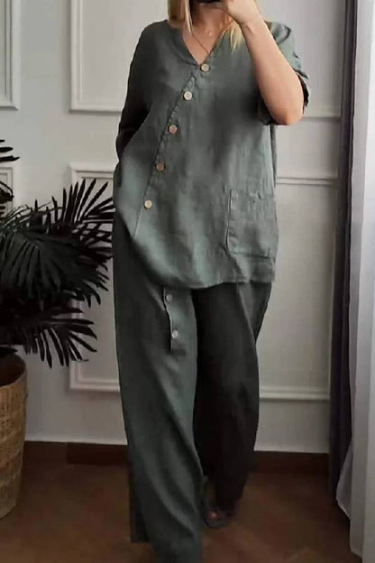 Color Cotton and Linen Cropped Top \u0026 Wide Leg Pants Two-piece Set