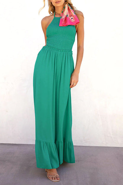 Color Halter Neck Open Back Flared Jumpsuit