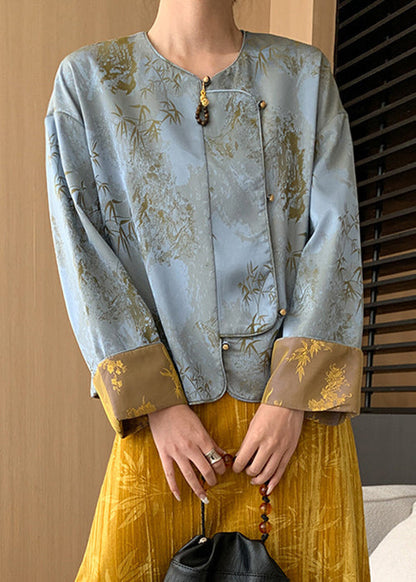 Loose Blue Button Print Silk Coats Long Sleeve Af1087