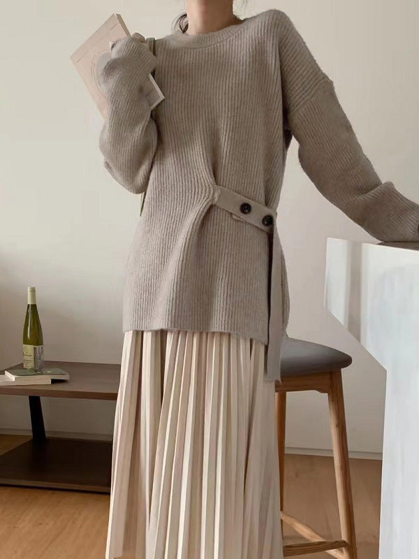 Green Round-neck Bandage Long Sleeve Knit Sweater An1036