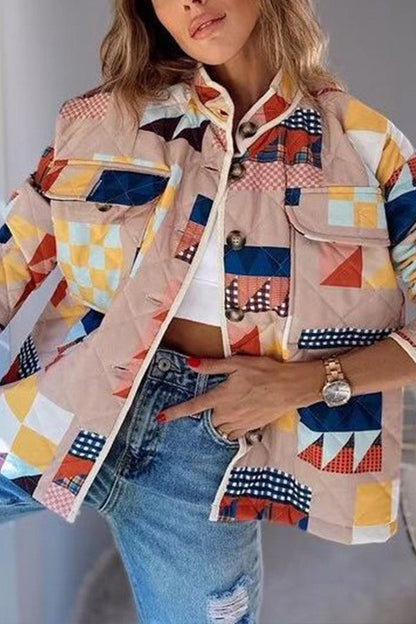 Geometric Print Stand Collar Quilted Cotton Coat