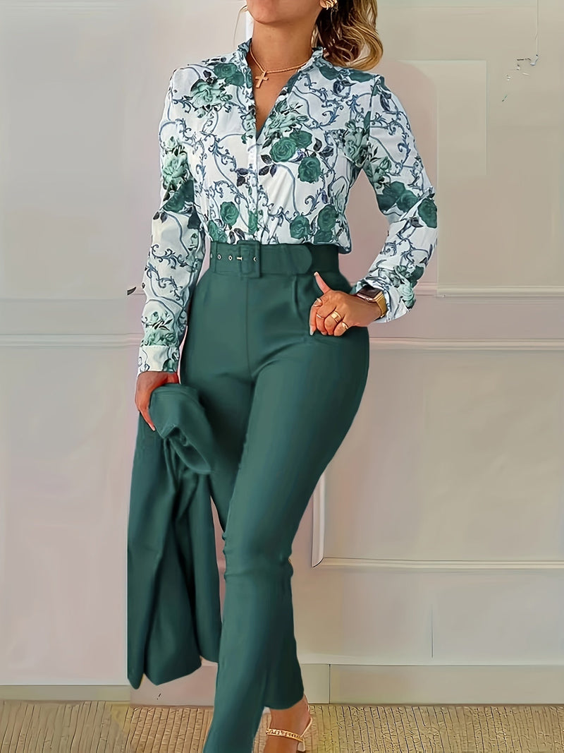 Print V Neck Long Sleeve Blouse & Belted Tapered Pants Td0870