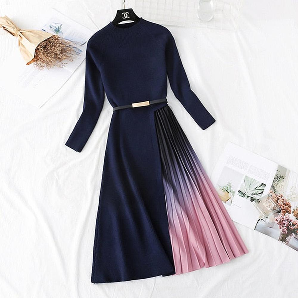 Boutique Navy V-neck Patchwork Gradient Pleated Hem Long Sleeve Sweater Dress