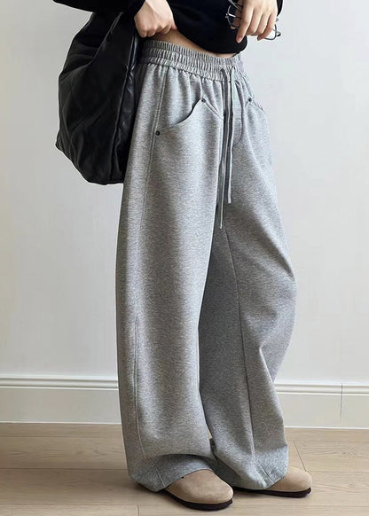 Grey Pockets Drawstring Elastic Waist Cotton Pants Fall Af1072