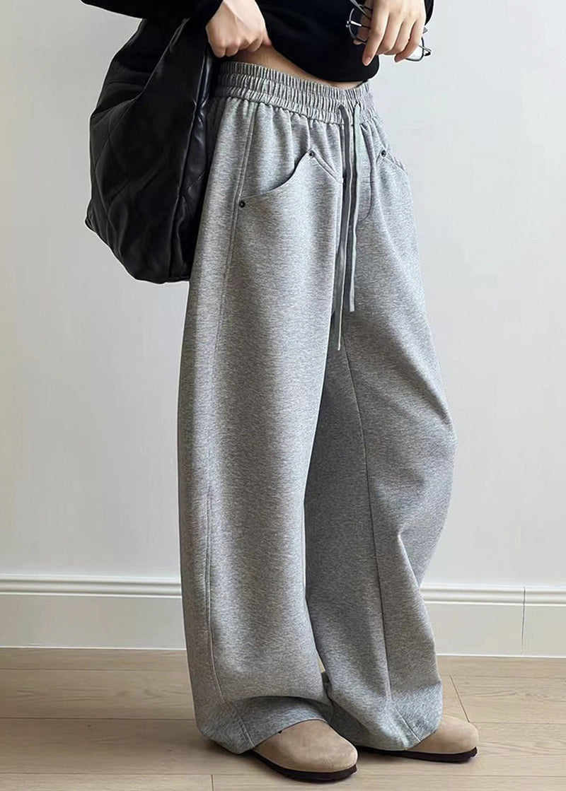 Grey Pockets Drawstring Elastic Waist Cotton Pants Fall Af1072