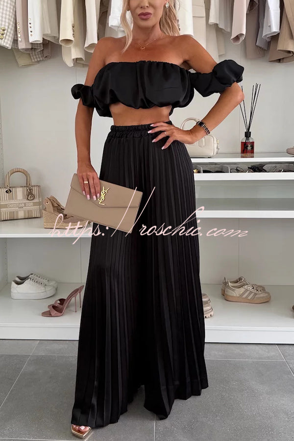 Jorie Satin Off Shoulder Puff Sleeve Crop Top and Elastic Waist Pleated Wide Leg Pants Set