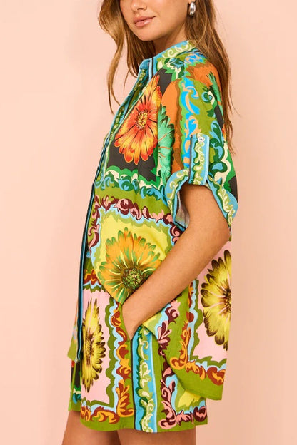 Loose Shorts Fashionable Versatile Printed Daisy Flower Linen Two-piece Suit