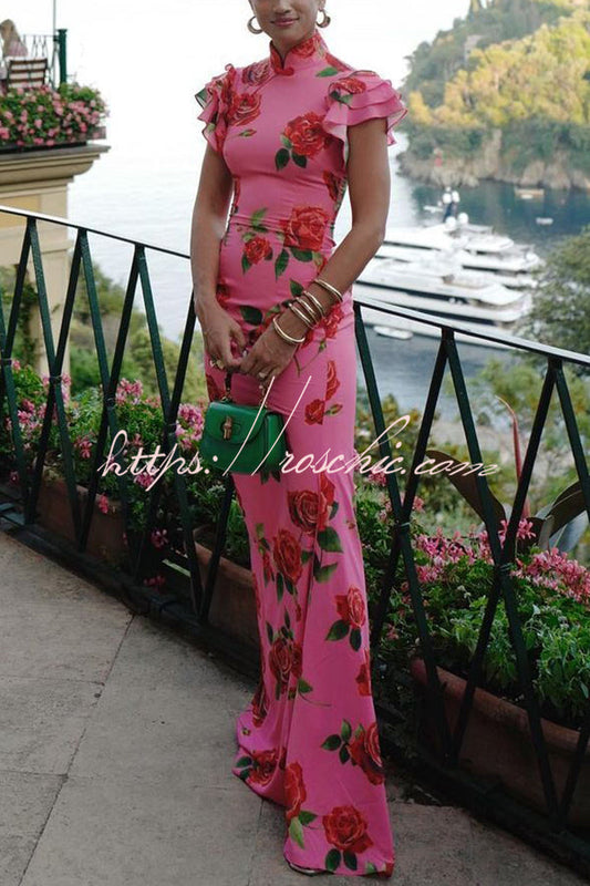 Cheongsam Style Rose Print Tiered Flare Sleeve Stretch Maxi Dress