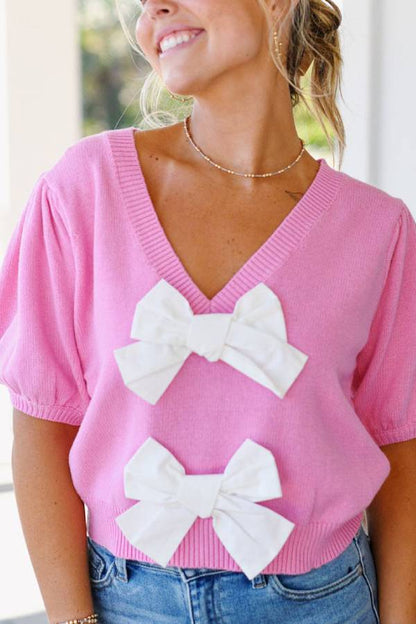 V-neck Short-sleeved Double Bow Color Sweater