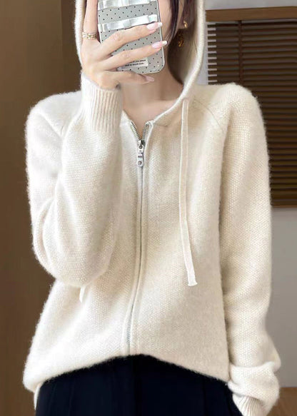 Beige Hooded Zippered Cotton Knit Coat Fall Qx027