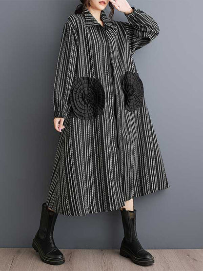 A-line Long Sleeves Elasticity Pockets Striped Zipper Lapel Midi Dresses