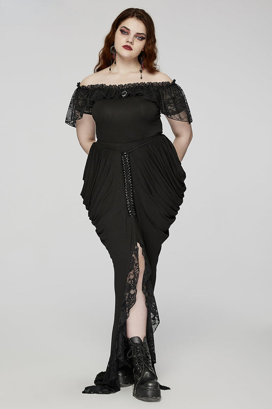 Gothic Knitted and Lace Hip Side Designed Pleat Long Elegance Personality Party Skirt