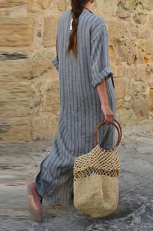 Cotton and Linen Yarn-dyed Striped Loose Long Dress