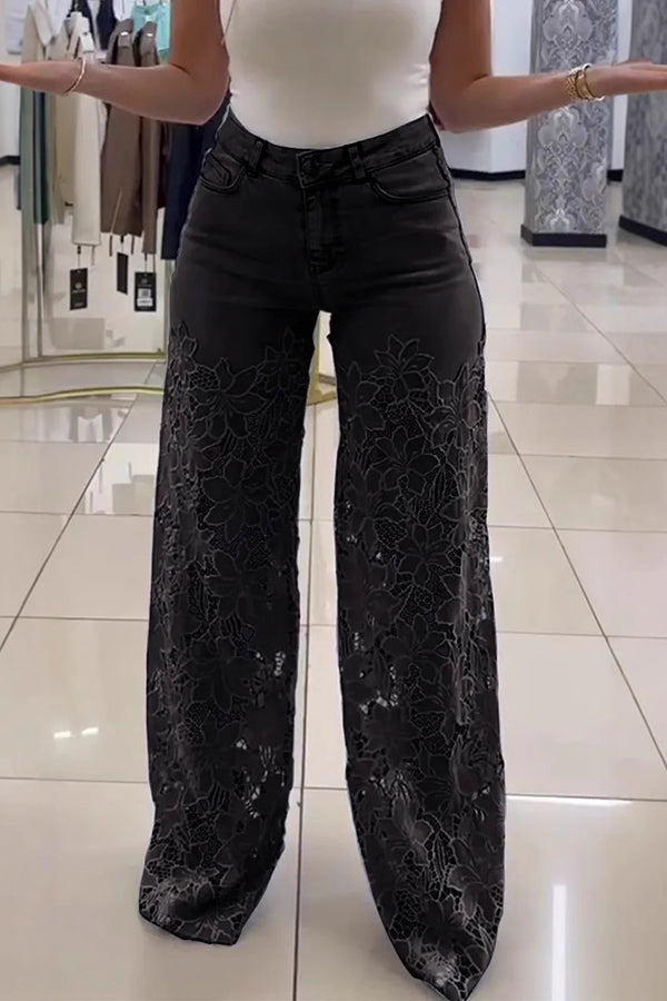 Hollow Lace Stitching Pocket Denim Wide-leg Pants